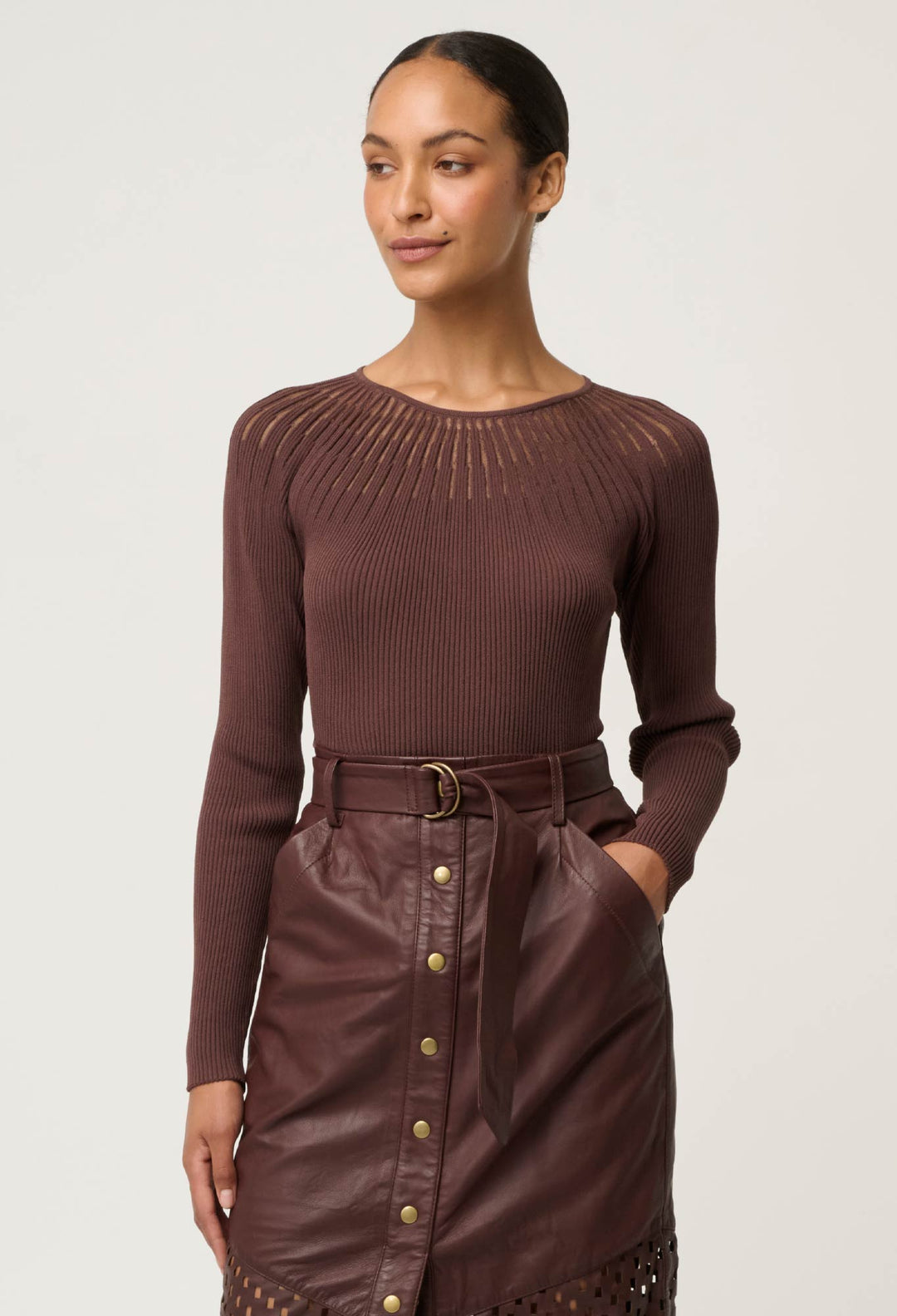 OnceWas Rhiannon Viscose Nylon Sheer Neckline Knit Top in Mocha