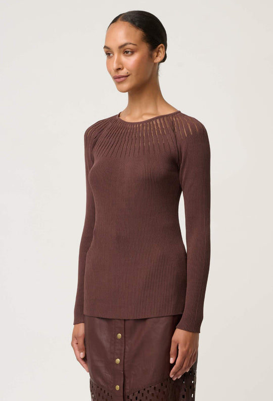 OnceWas Rhiannon Viscose Nylon Sheer Neckline Knit Top in Mocha
