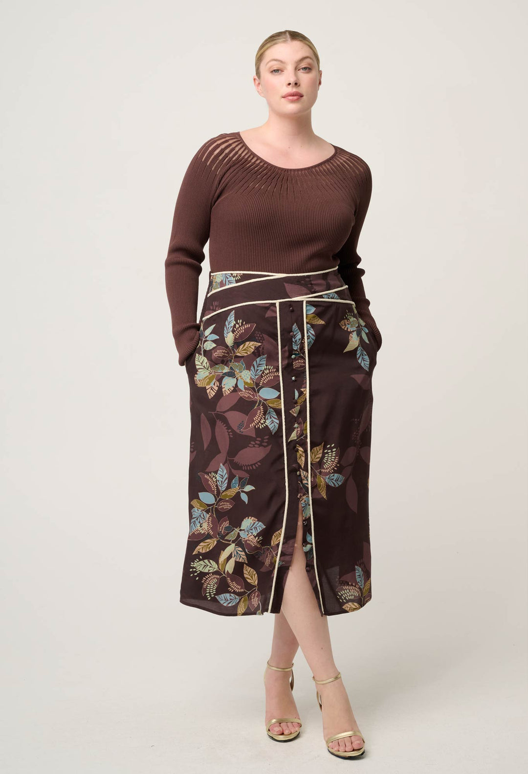 OnceWas Rhiannon Viscose Nylon Sheer Neckline Knit Top in Mocha