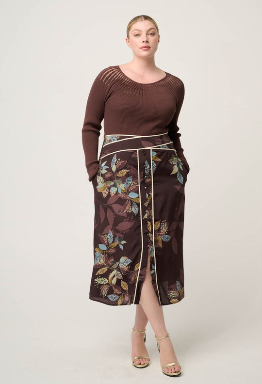 OnceWas Rhiannon Viscose Nylon Sheer Neckline Knit Top in Mocha