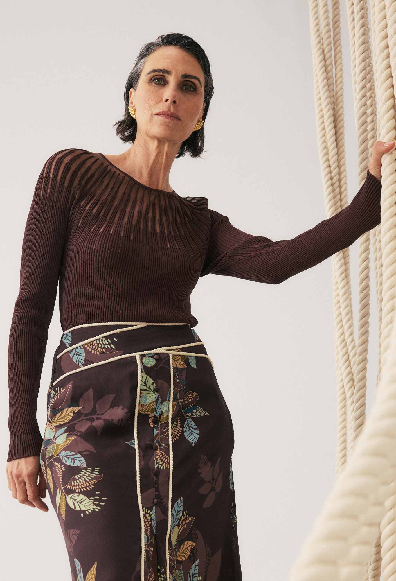 OnceWas Rhiannon Viscose Nylon Sheer Neckline Knit Top in Mocha