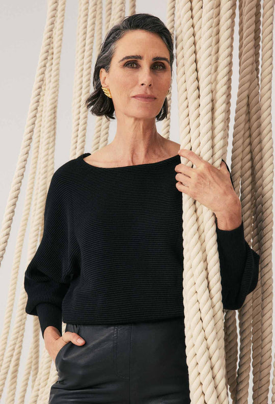 Clarissa Merino Wool Blend Reversible Knit Top in Black