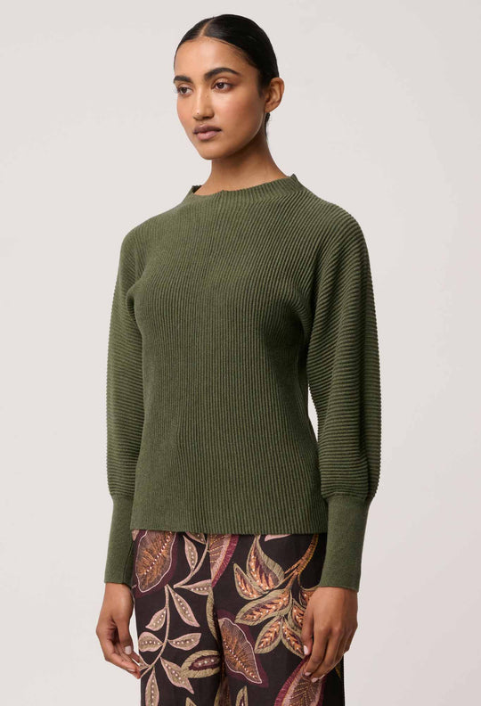 OnceWas Roselle Cotton Cashmere Knit Top in Winter Moss