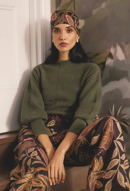 OnceWas Roselle Cotton Cashmere Knit Top in Winter Moss