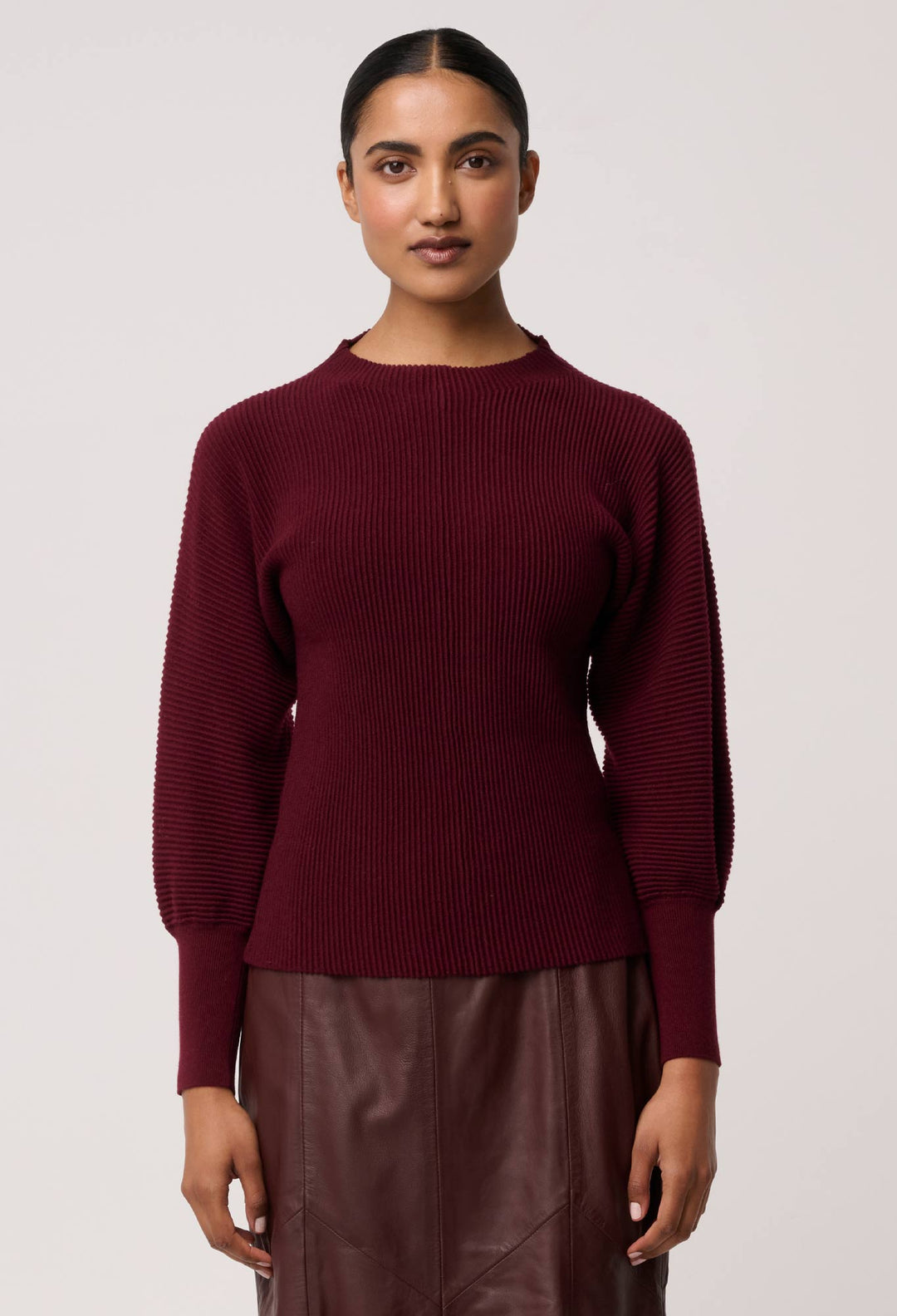 OnceWas Roselle Merino Wool Blend Knit Top in Bordeaux