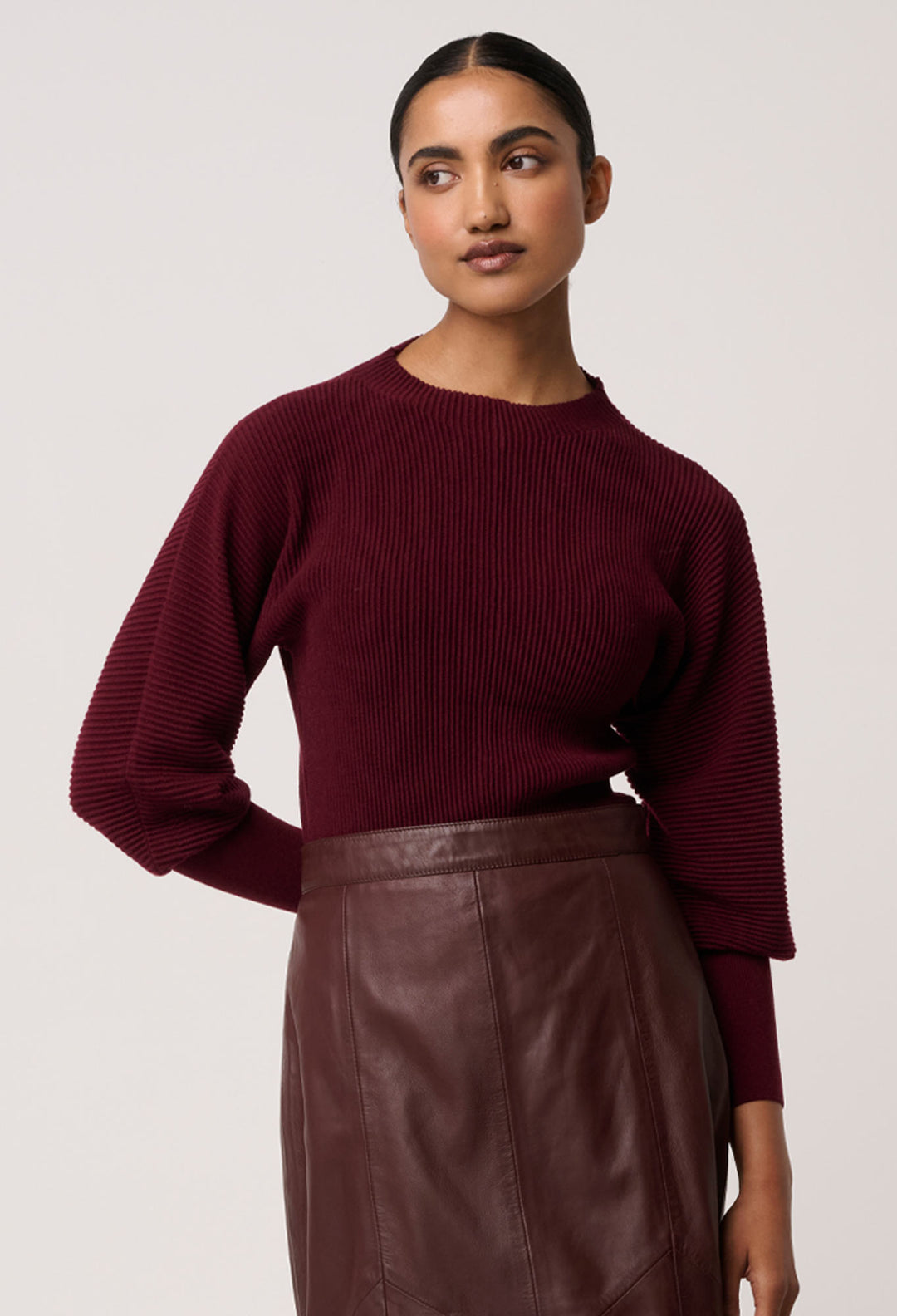 OnceWas Roselle Merino Wool Blend Knit Top in Bordeaux