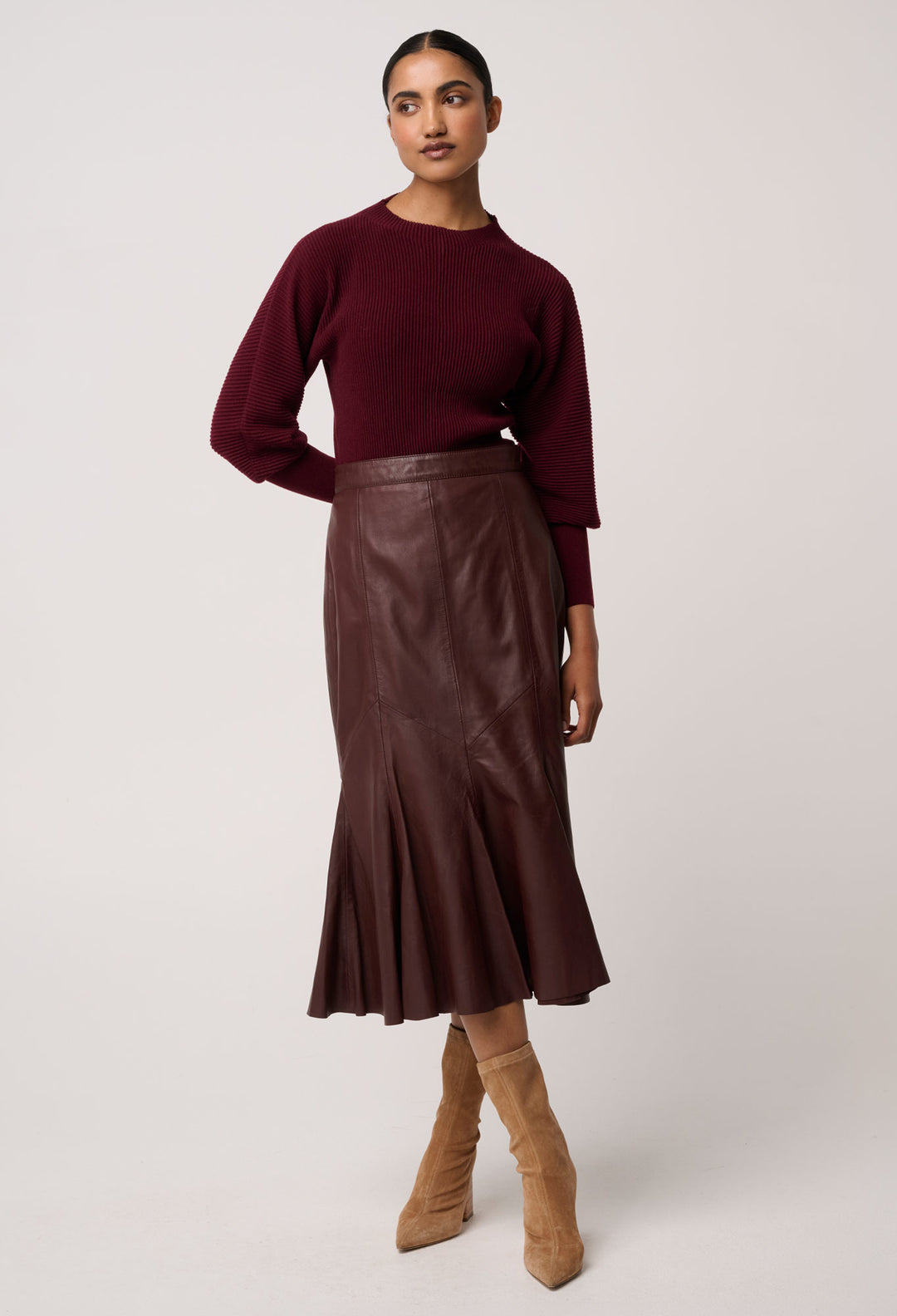 OnceWas Roselle Merino Wool Blend Knit Top in Bordeaux