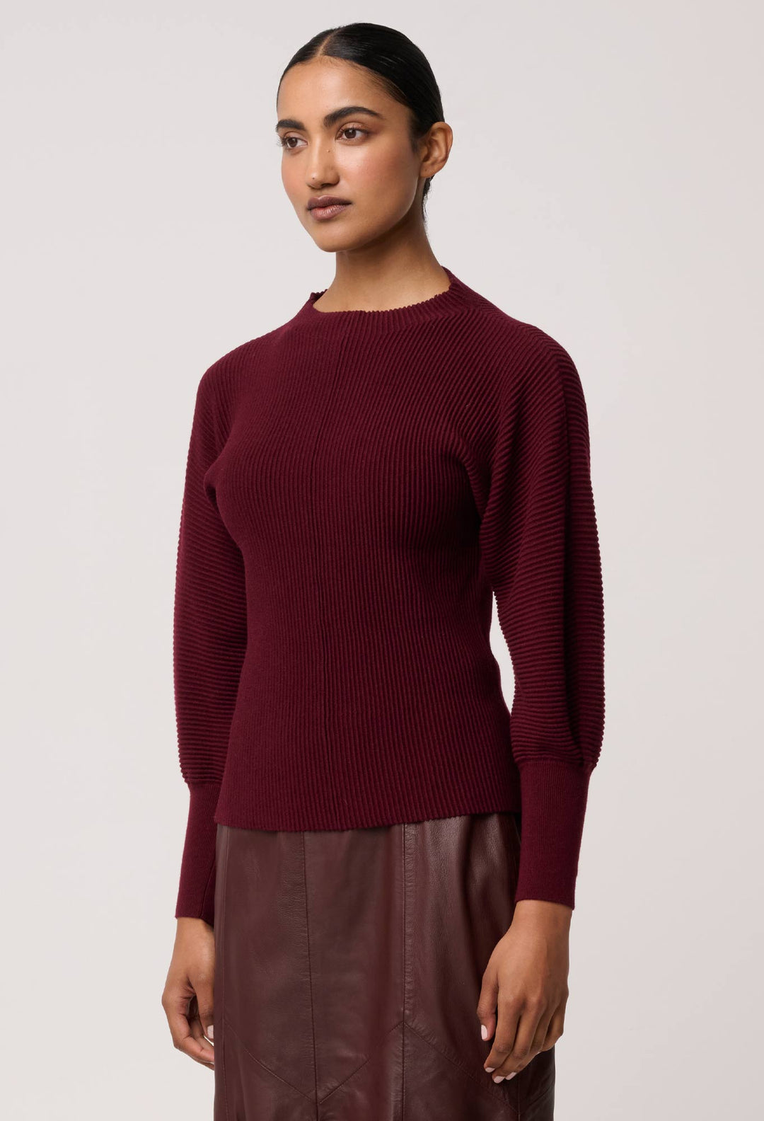 OnceWas Roselle Merino Wool Blend Knit Top in Bordeaux