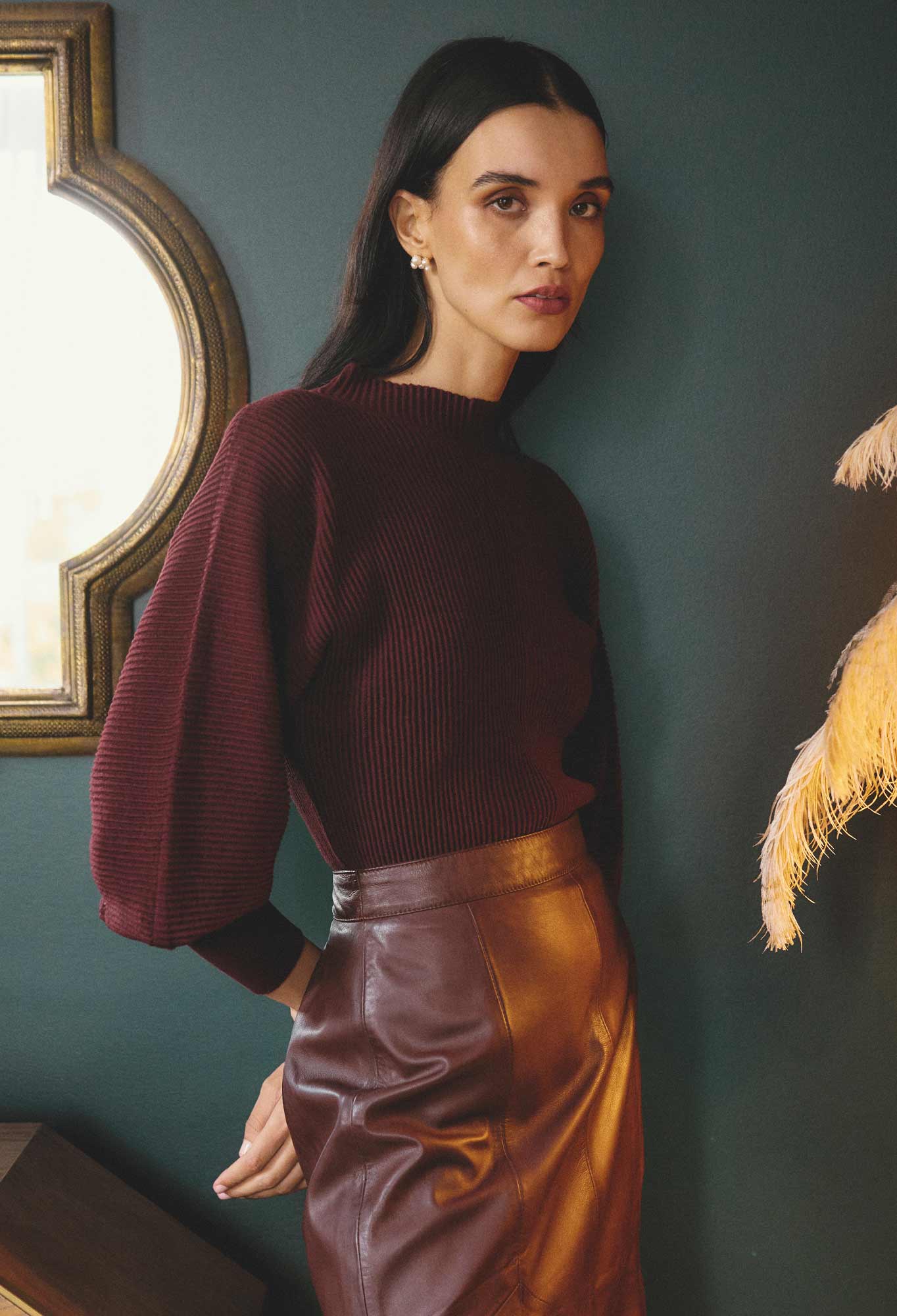 OnceWas Roselle Merino Wool Blend Knit Top in Bordeaux