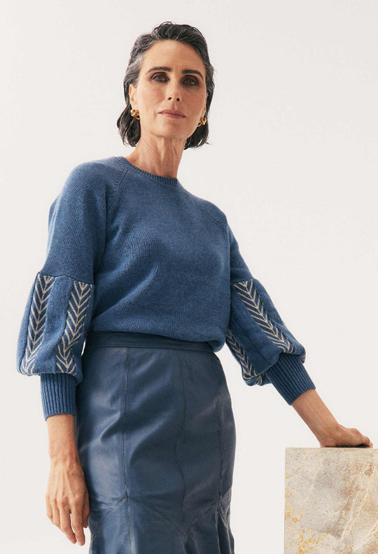 OnceWas Arden Merino Wool Blend Jacquard Knit Top in Cerulean Cord