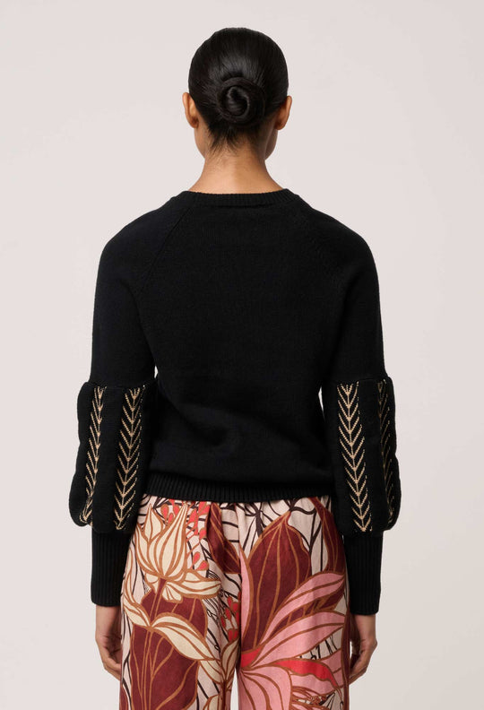 OnceWas Arden Merino Wool Blend Jacquard Knit Top in Black Braid