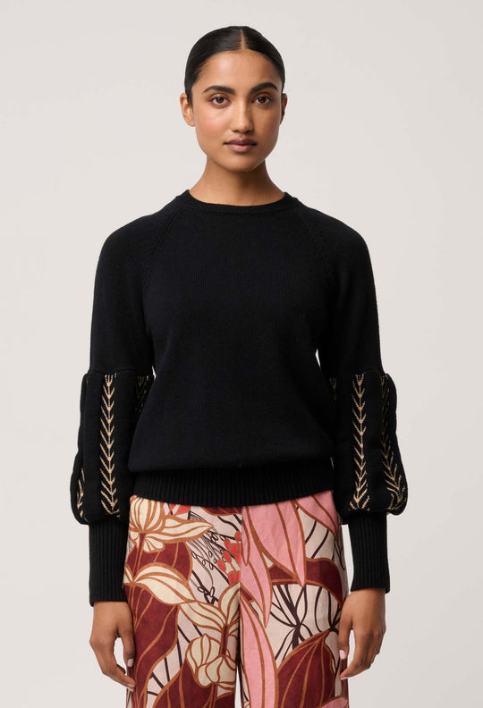 OnceWas Arden Merino Wool Blend Jacquard Knit Top in Black Braid