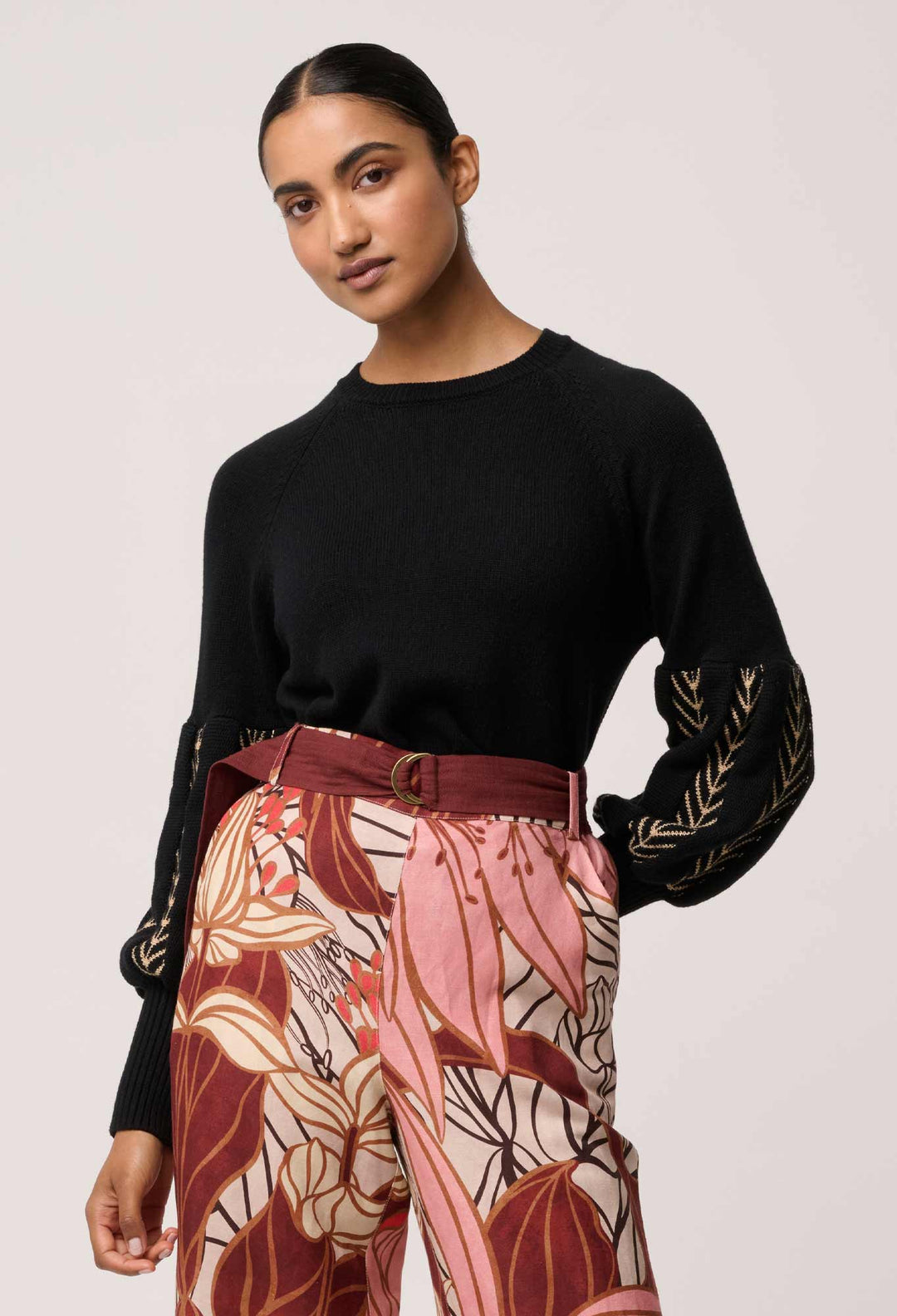 OnceWas Arden Merino Wool Blend Jacquard Knit Top in Black Braid