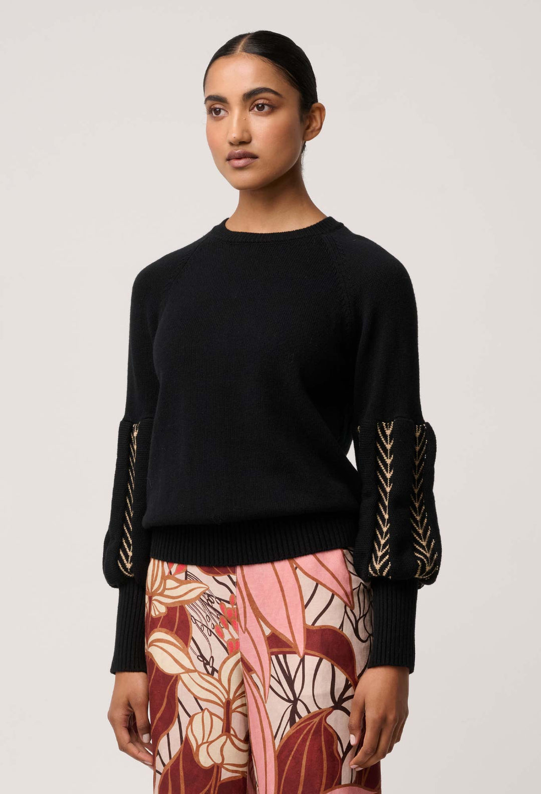 OnceWas Arden Merino Wool Blend Jacquard Knit Top in Black Braid