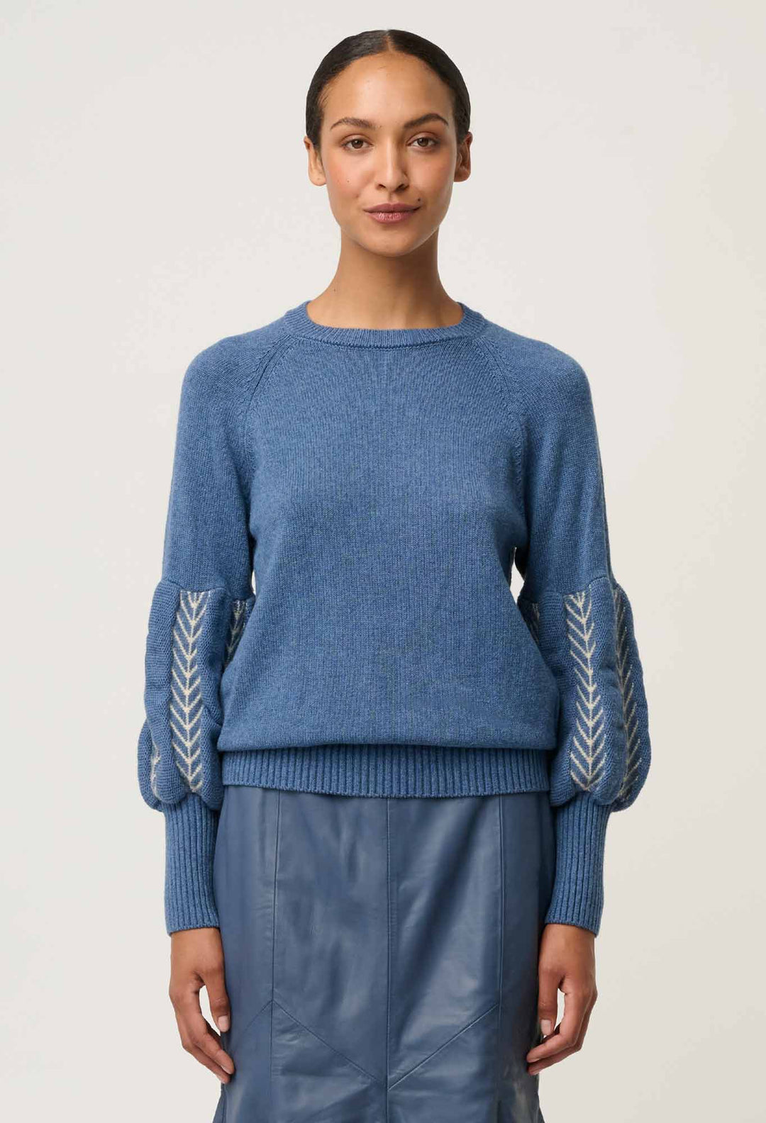 OnceWas Arden Merino Wool Blend Jacquard Knit Top in Cerulean Cord