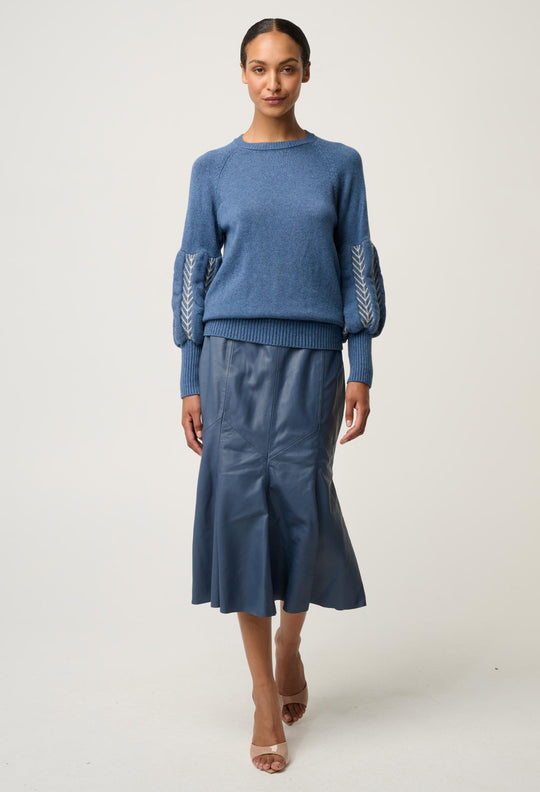 OnceWas Arden Merino Wool Blend Jacquard Knit Top in Cerulean Cord