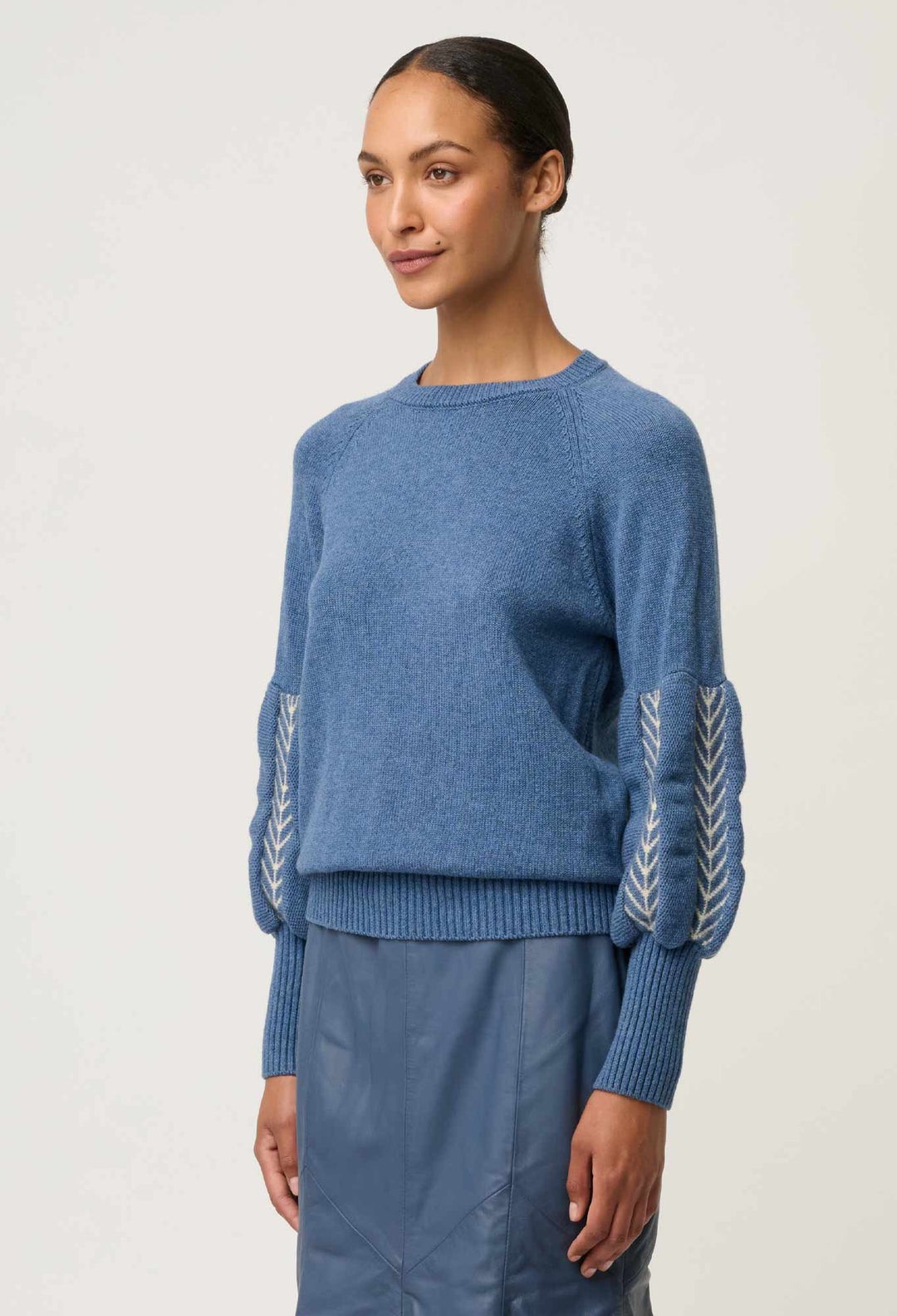 OnceWas Arden Merino Wool Blend Jacquard Knit Top in Cerulean Cord