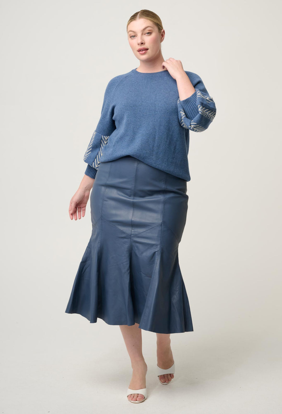 OnceWas Arden Merino Wool Blend Jacquard Knit Top in Cerulean Cord