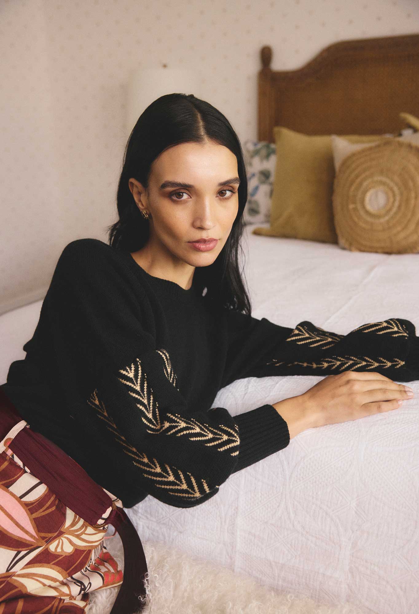 OnceWas Arden Merino Wool Blend Jacquard Knit Top in Black Braid