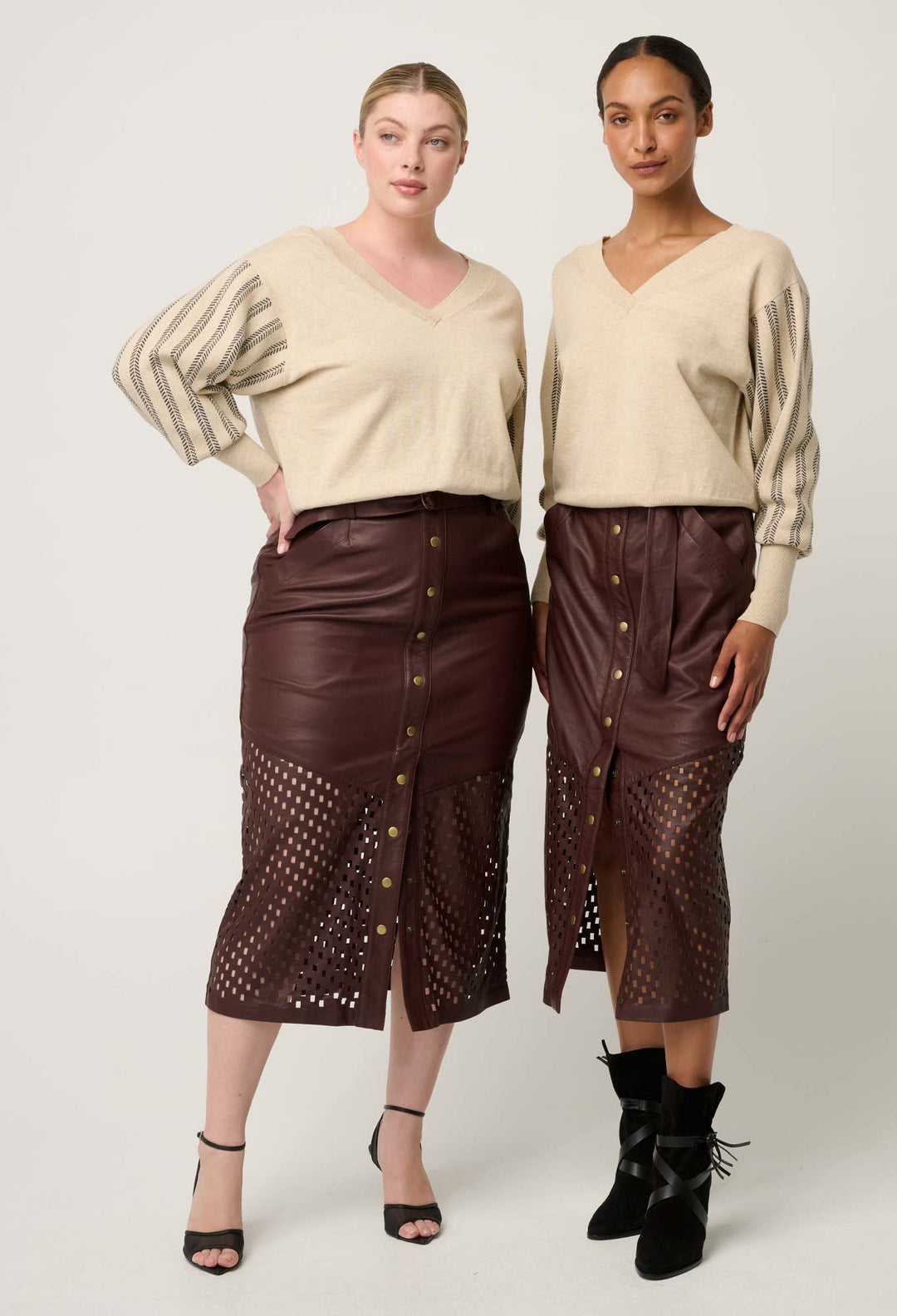 OnceWas Elsie Cotton Cashmere Blend V Neck Jacquard Knit in Cream Braid