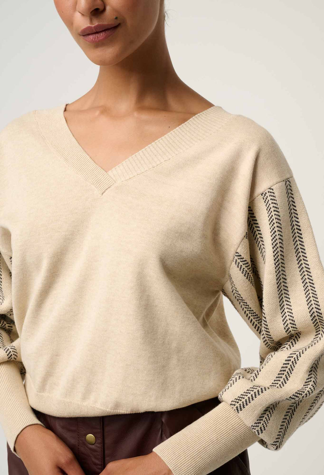 OnceWas Elsie Cotton Cashmere Blend V Neck Jacquard Knit in Cream Braid