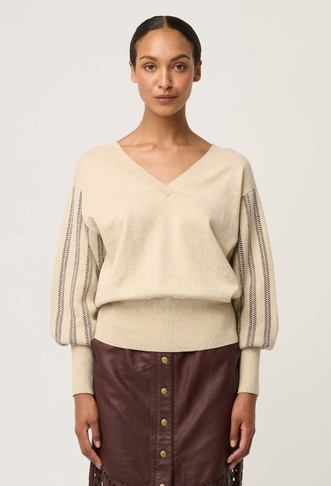 OnceWas Elsie Cotton Cashmere Blend V Neck Jacquard Knit in Cream Braid