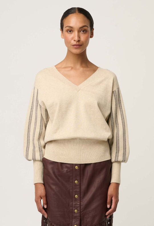 OnceWas Elsie Cotton Cashmere Blend V Neck Jacquard Knit in Cream Braid