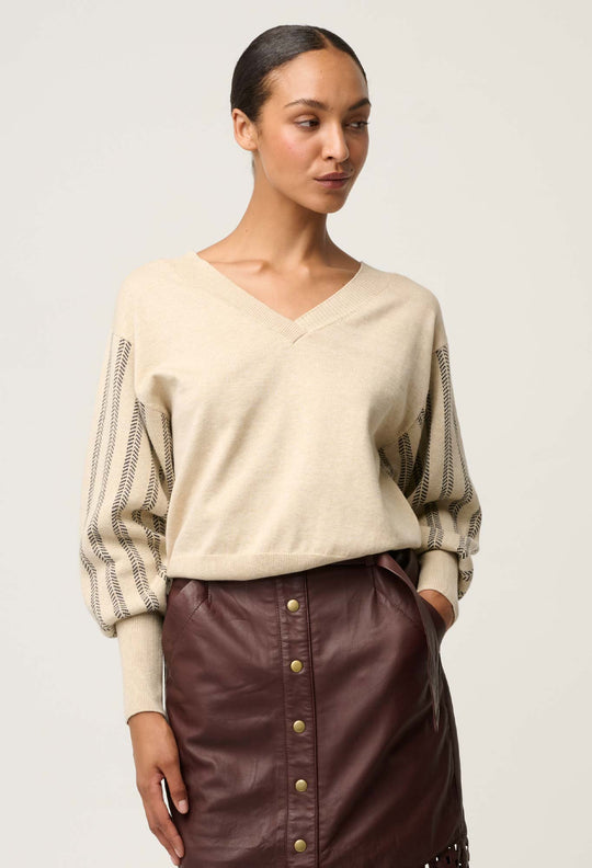 OnceWas Elsie Cotton Cashmere Blend V Neck Jacquard Knit in Cream Braid