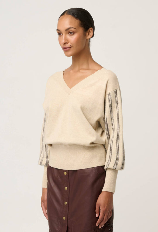OnceWas Elsie Cotton Cashmere Blend V Neck Jacquard Knit in Cream Braid