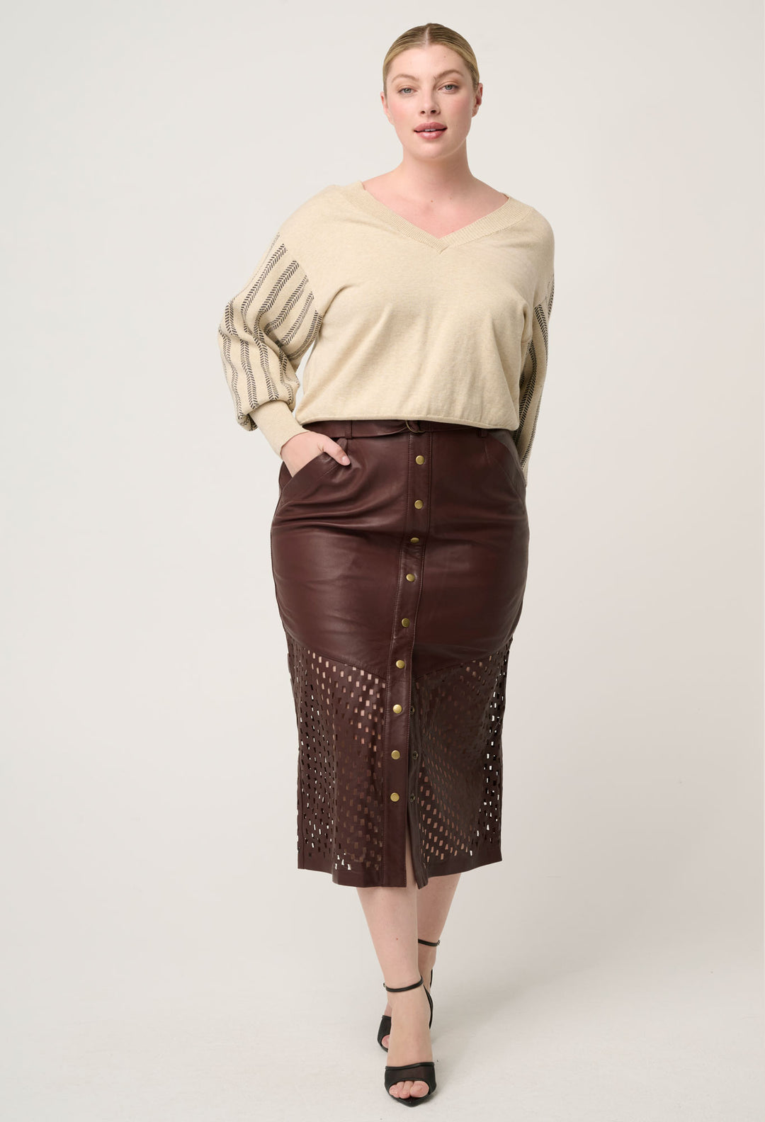 OnceWas Elsie Cotton Cashmere Blend V Neck Jacquard Knit in Cream Braid