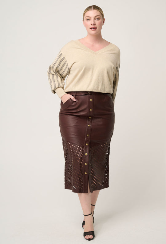 OnceWas Elsie Cotton Cashmere Blend V Neck Jacquard Knit in Cream Braid