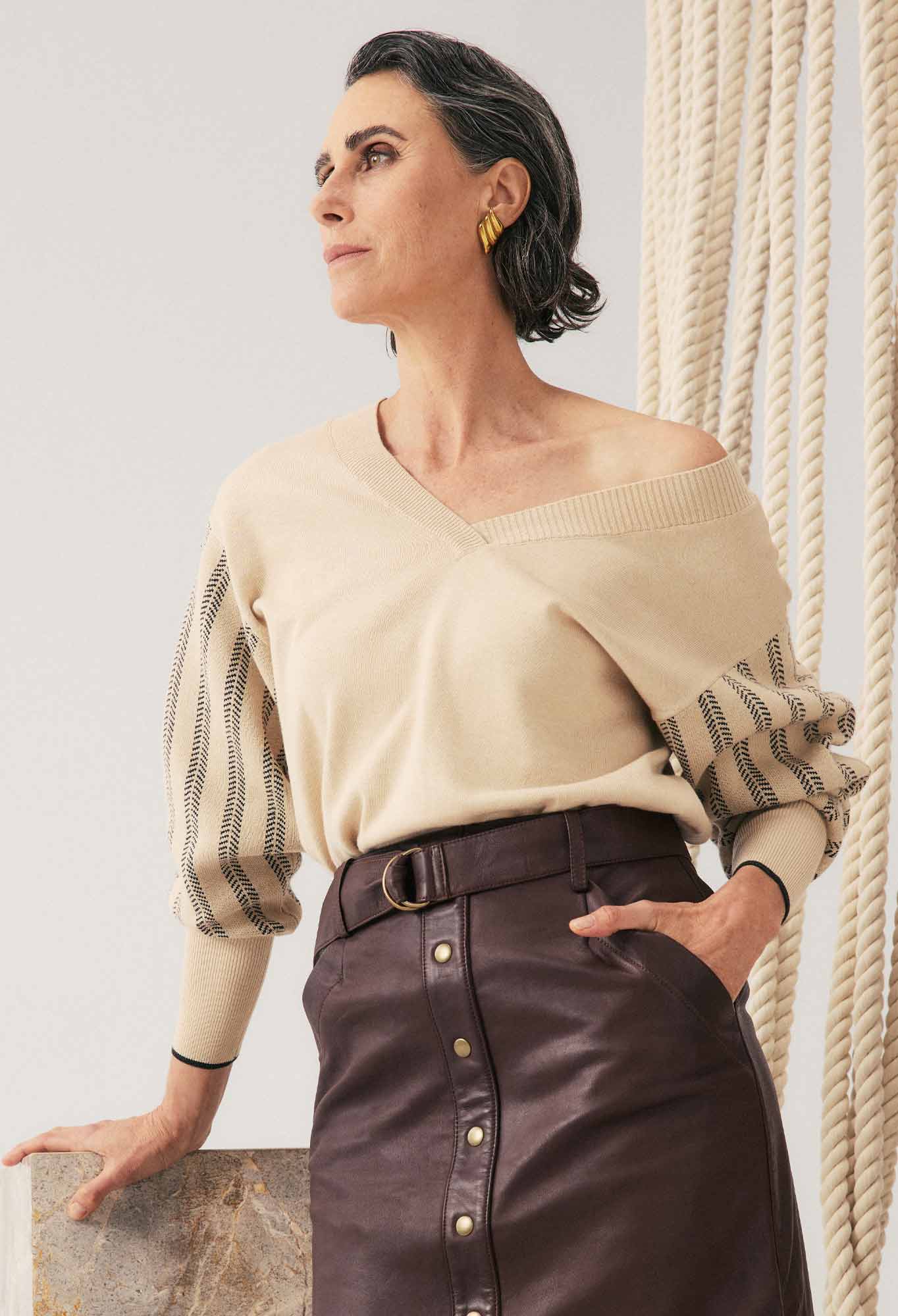 OnceWas Elsie Cotton Cashmere Blend V Neck Jacquard Knit in Cream Braid