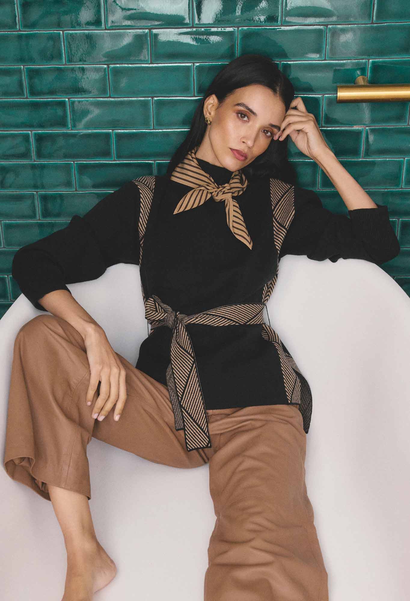 OnceWas Nomadic High Neck Wool Viscose Blend Sweater in Black Chevron