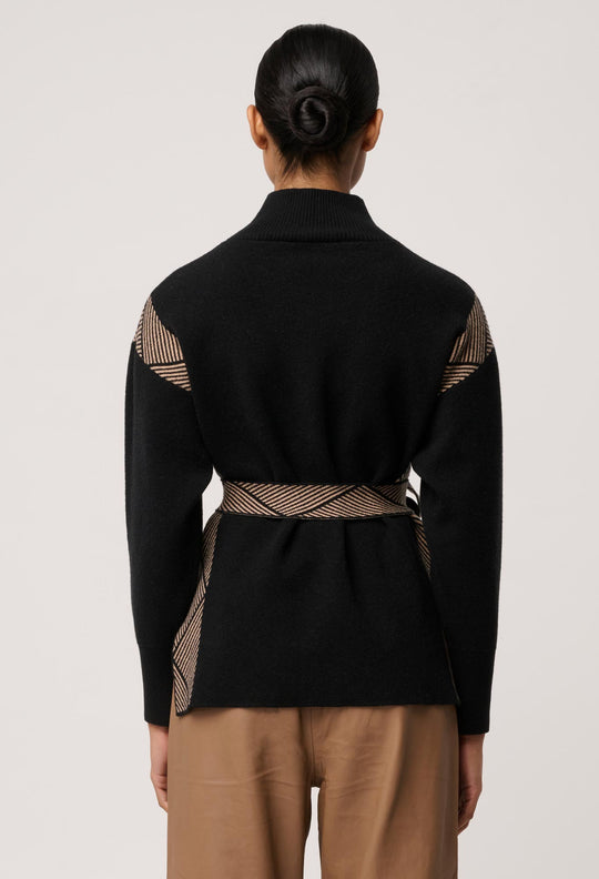 OnceWas Nomadic High Neck Wool Viscose Blend Sweater in Black Chevron