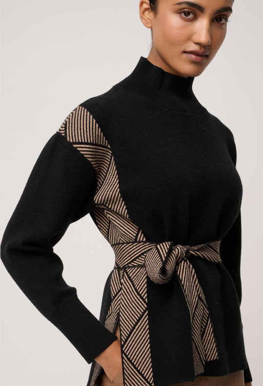 OnceWas Nomadic High Neck Wool Viscose Blend Sweater in Black Chevron