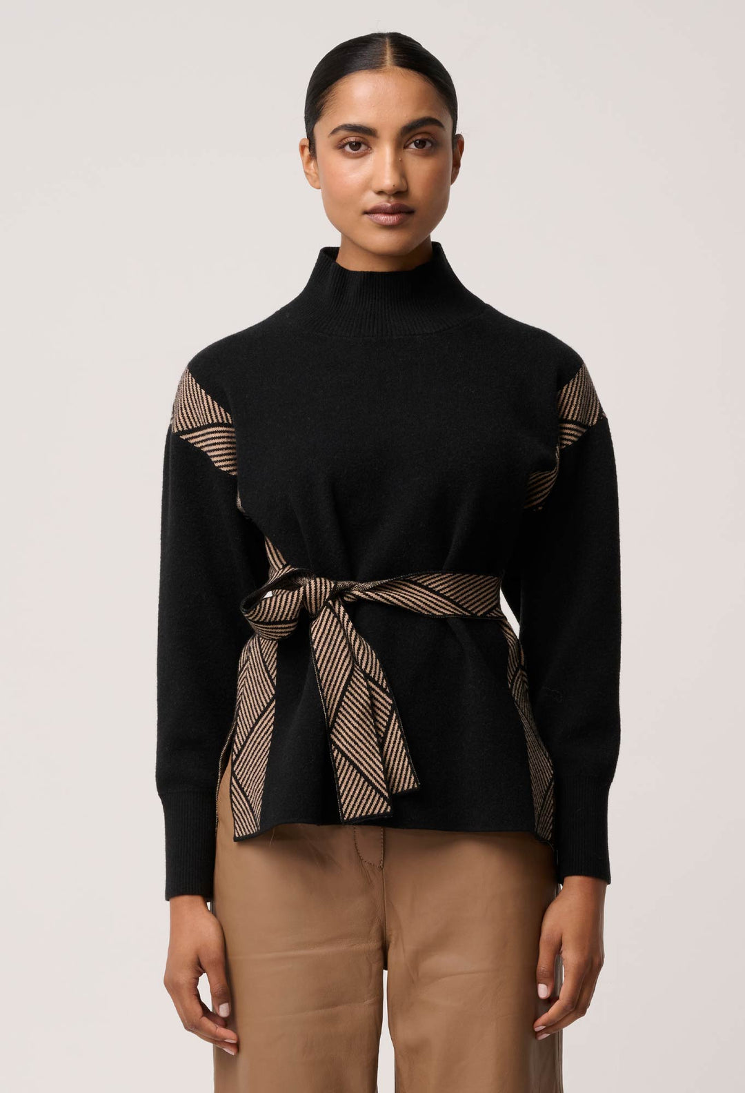 OnceWas Nomadic High Neck Wool Viscose Blend Sweater in Black Chevron