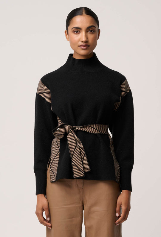 OnceWas Nomadic High Neck Wool Viscose Blend Sweater in Black Chevron