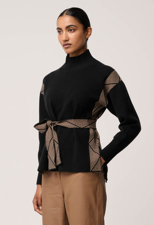 OnceWas Nomadic High Neck Wool Viscose Blend Sweater in Black Chevron