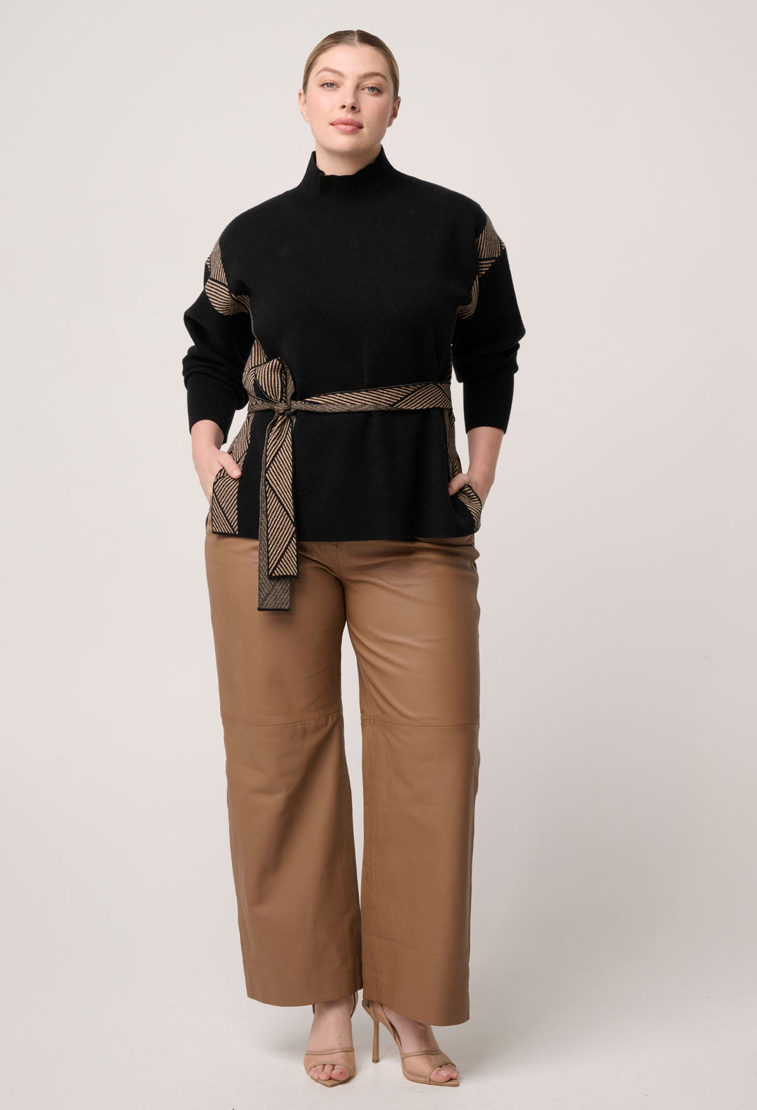 OnceWas Nomadic High Neck Wool Viscose Blend Sweater in Black Chevron