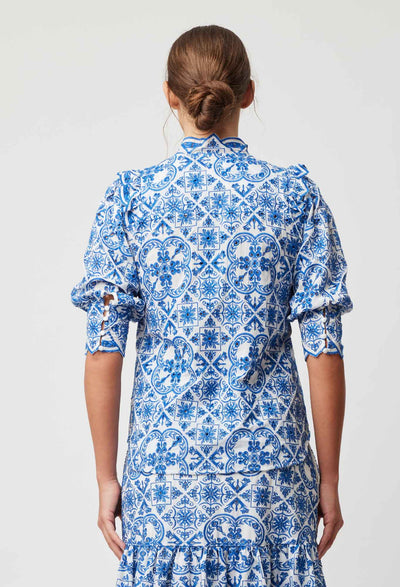OnceWas Elysian Embroidered Viscose Blouse in Azure Embroidery