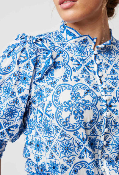 OnceWa Elysian Embroidered Viscose Blouse in Azure Embroidery