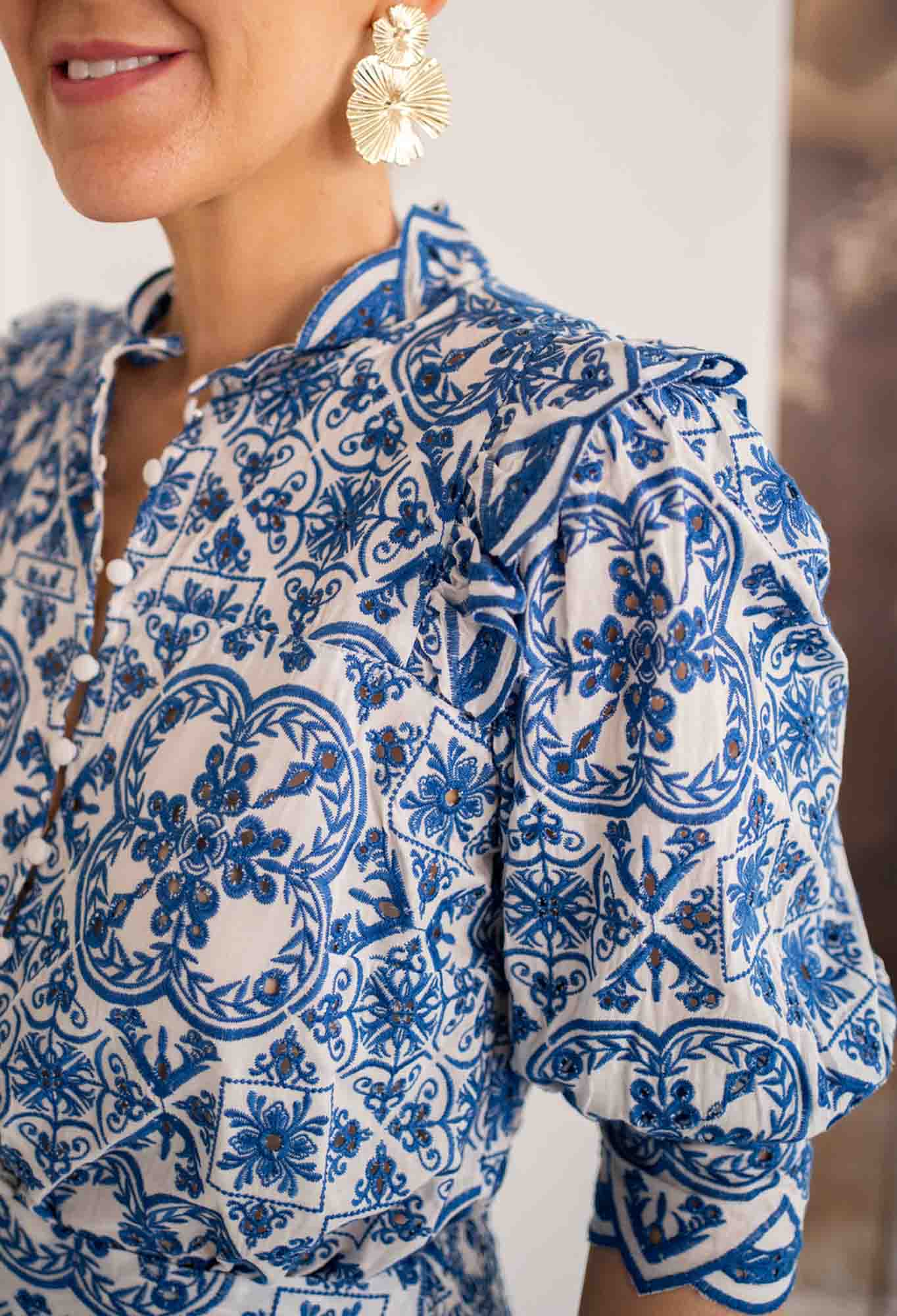 Elysian Embroidered Viscose Blouse in Azure Embroidery