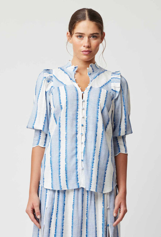 OnceWas Elysian Viscose Linen Blouse in Sorrento Stripe