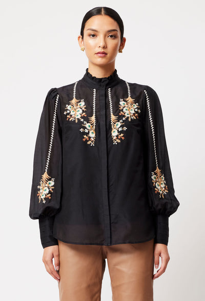 OnceWas Florence Cotton Silk Embroidered Shirt in Black