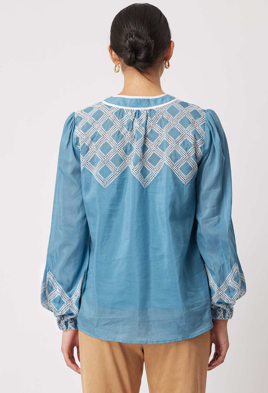 OnceWas Mahra Silk/Cotton Blouse in Aegean Blue