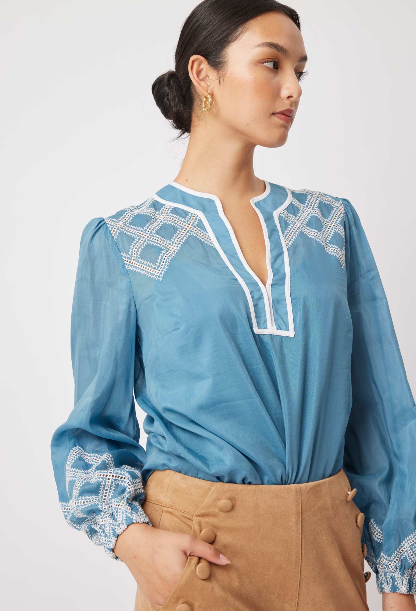 OnceWas Mahra Silk/Cotton Blouse in Aegean Blue