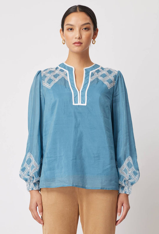 OnceWas Mahra Silk/Cotton Blouse in Aegean Blue