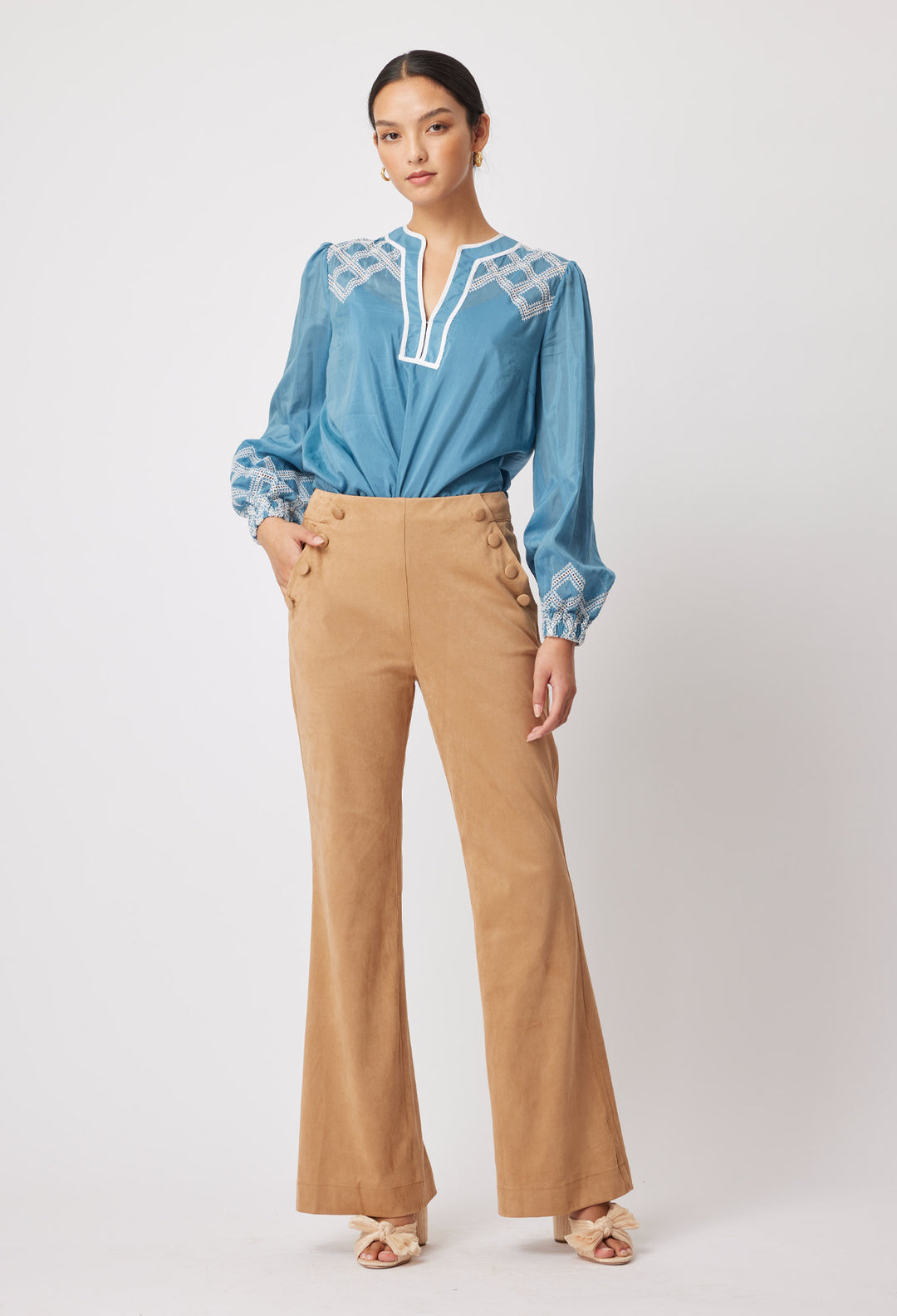 OnceWas Mahra Silk/Cotton Blouse in Aegean Blue