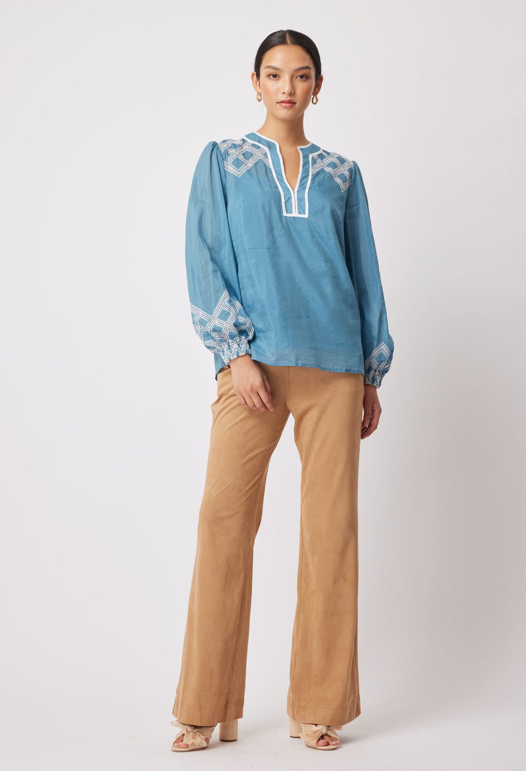 OnceWas Mahra Silk/Cotton Blouse in Aegean Blue