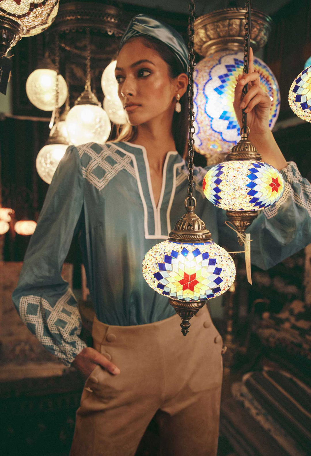 OnceWas Mahra Silk/Cotton Blouse in Aegean Blue